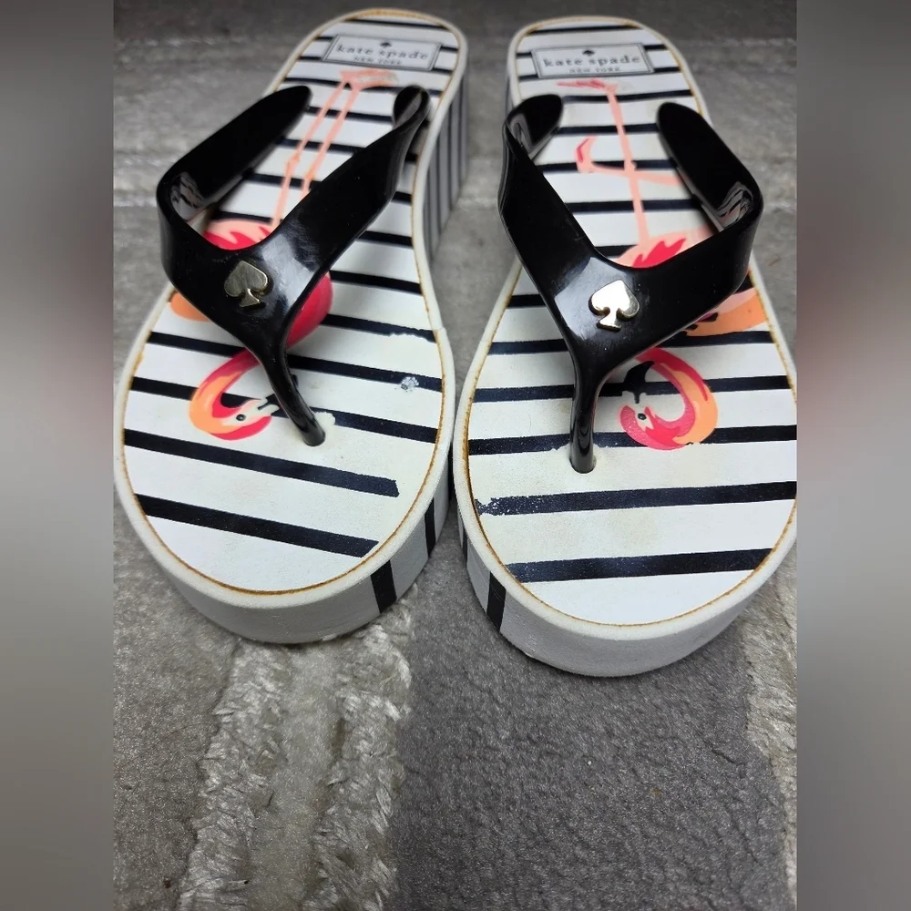 kate spade Black Striped Flip Flops with Pink Flamingo Print